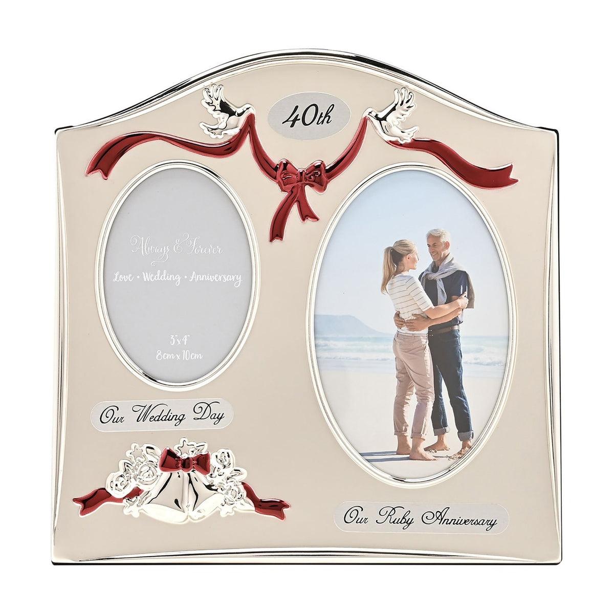 Silverplated double photo frame with arched top, two oval openings, red ribbon and bow details, doves, bells, and "40th" and "Our Ruby Anniversary" text, shown with a sample beach photo.
