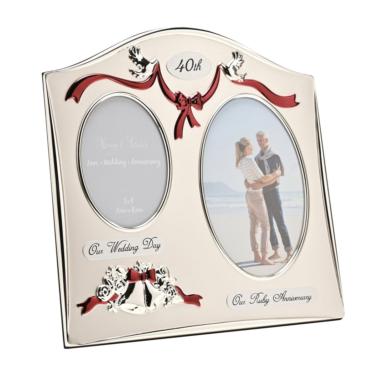 Silverplated double photo frame with arched top, oval openings for Our Wedding Day and Our Ruby Anniversary, silver doves, red ribbon swag, 40th plaque and wedding bells detail.