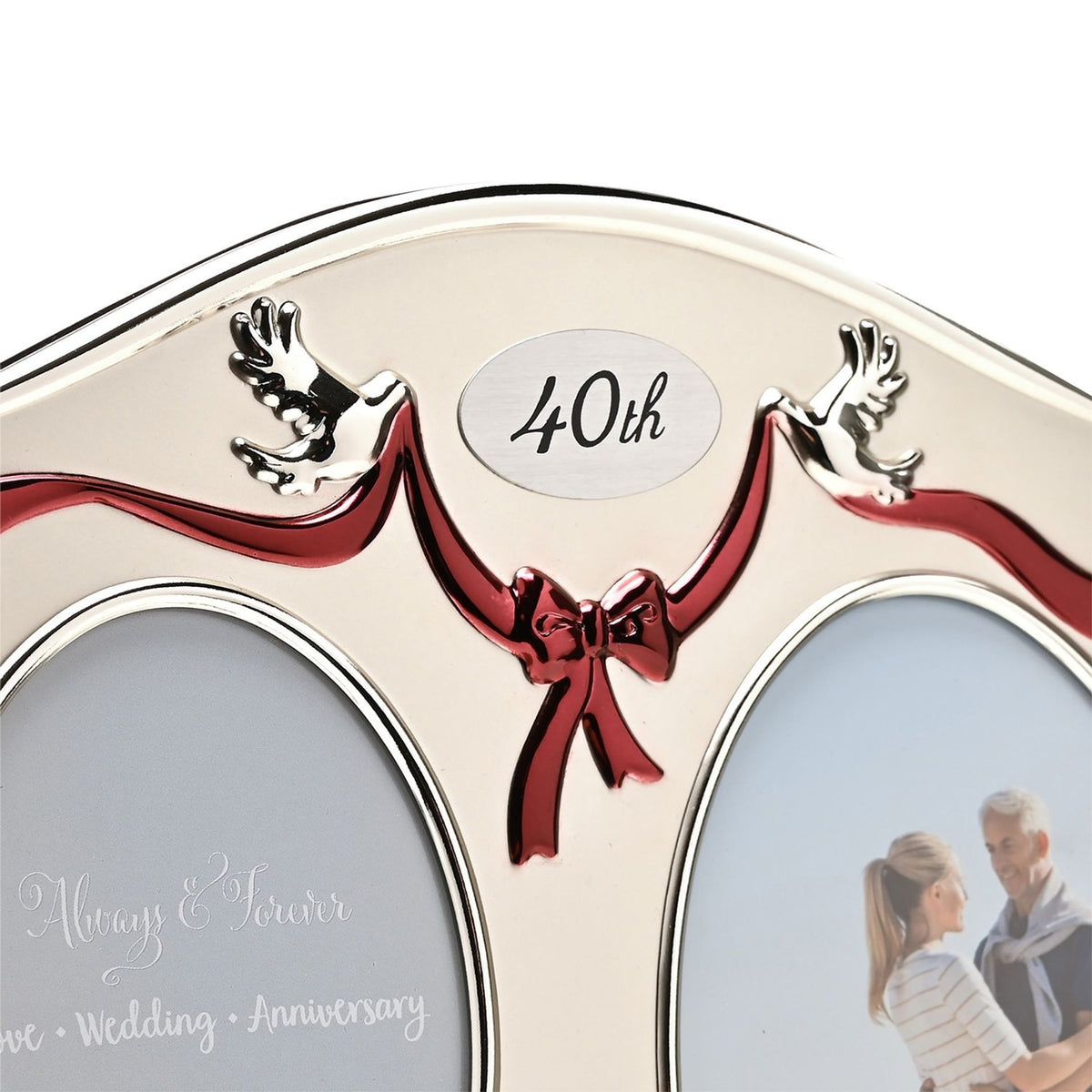 Silverplated double photo frame with arched top, two-tone finish, silver doves holding a red ribbon bow, and an oval "40th" plaque above two oval photo openings.
