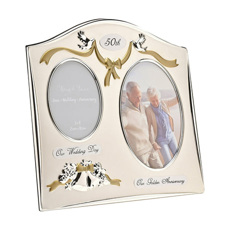 50th Anniversary silverplated double photo frame with arched top, cream face, silver doves and gold ribbon, two oval openings for wedding and golden anniversary photos.