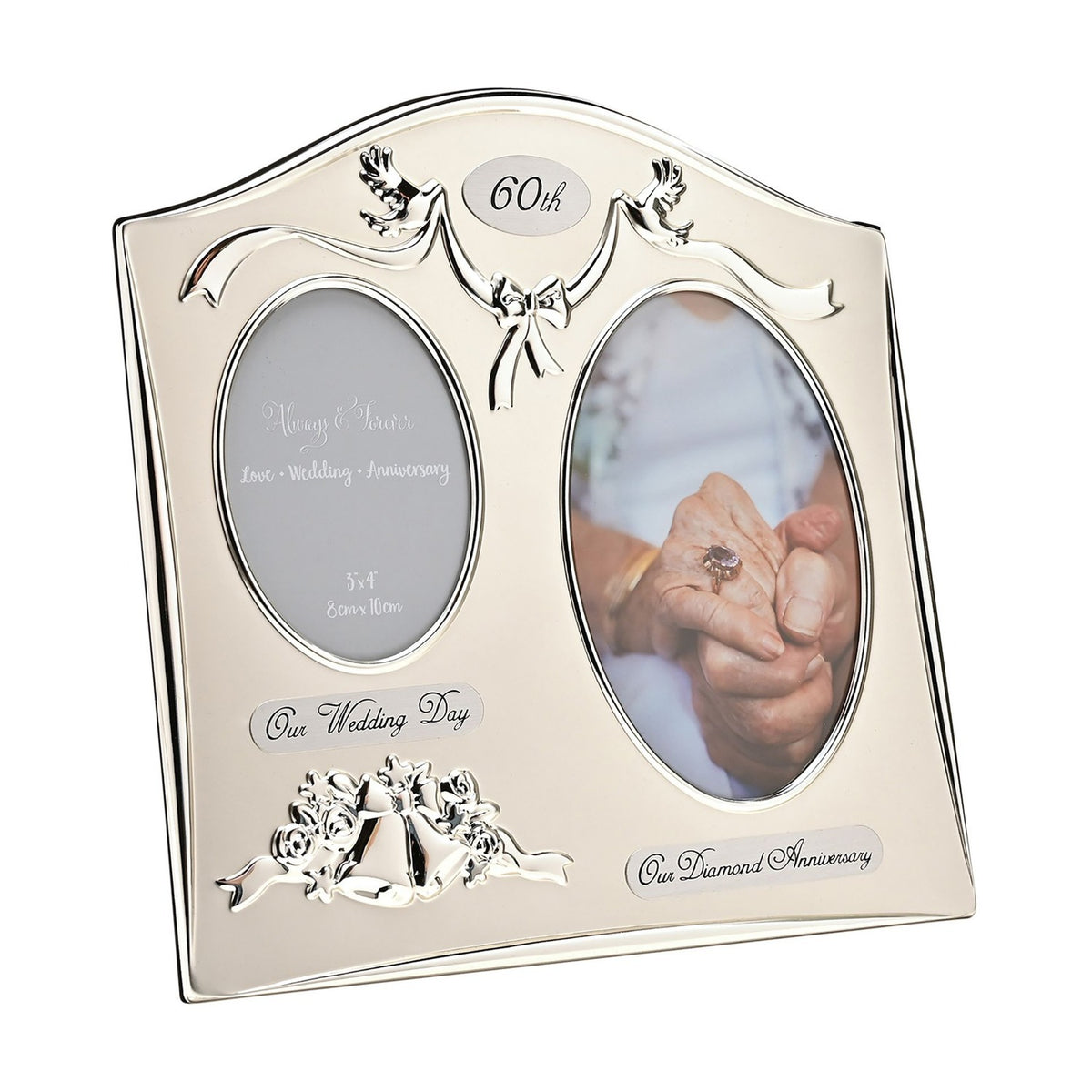 Silverplated double photo frame with arched top, dove and ribbon motif, "60th" plaque, wedding bells detail, and oval openings for 3x4in photos on a white background.