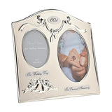 Silverplated double photo frame with arched top, dove and ribbon motif, "60th" plaque, wedding bells detail, and oval openings for 3x4in photos on a white background.
