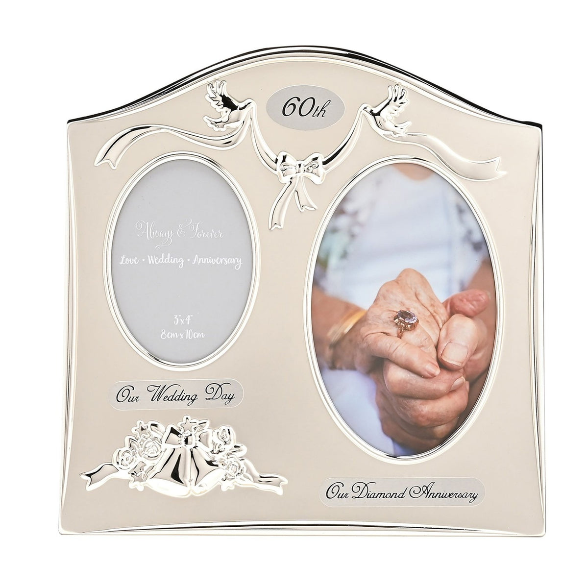 Silverplated double photo frame with arched top, dove and ribbon details, Our Wedding Day and Our Diamond Anniversary plaques, shown with a wedding photo and hands on a white background.