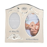 Silverplated double photo frame with arched top, dove and ribbon details, Our Wedding Day and Our Diamond Anniversary plaques, shown with a wedding photo and hands on a white background.