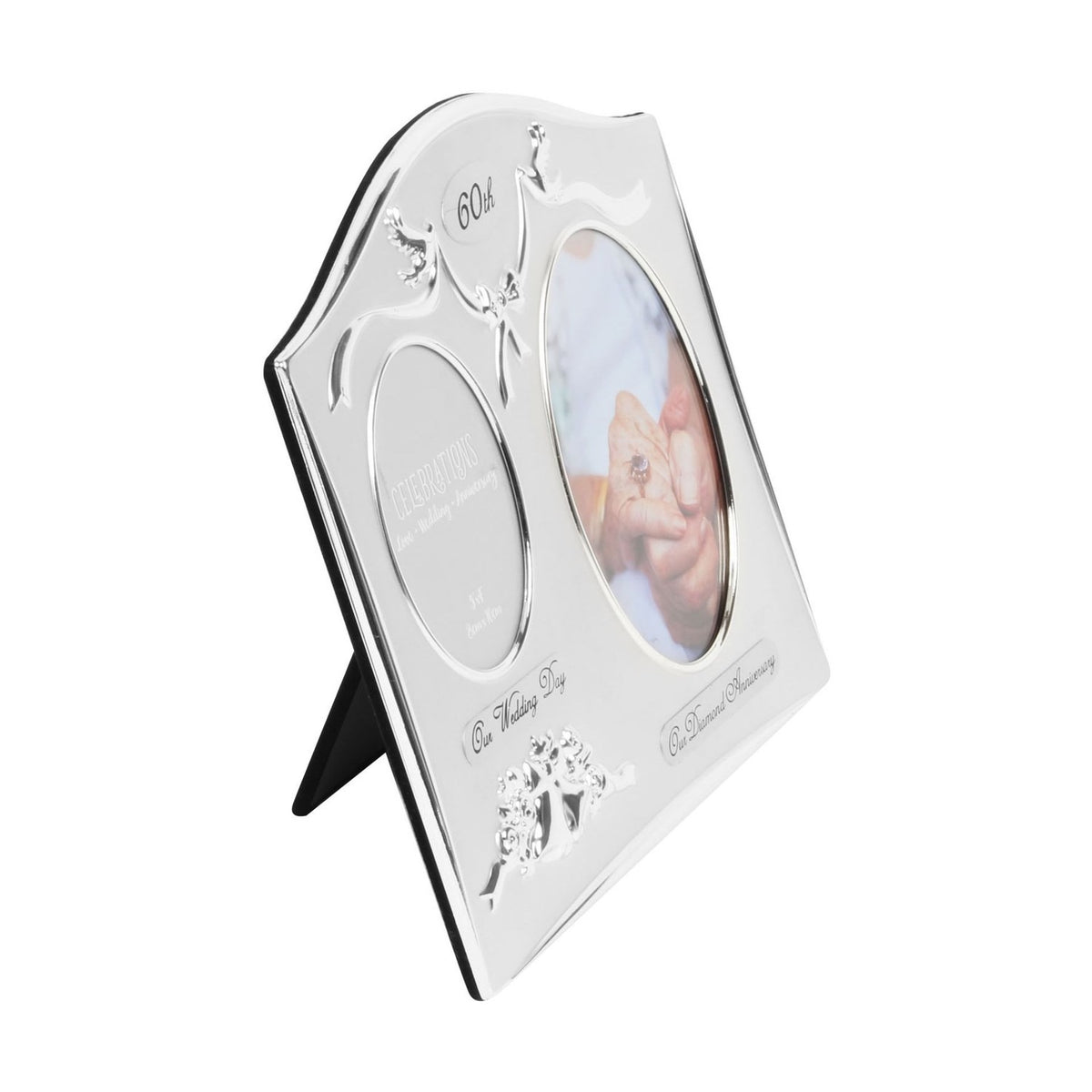 60th Anniversary silverplated double photo frame with arched top, dove and ribbon details, oval openings for two photos, shown at an angle on a white background.