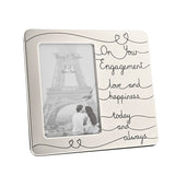 Silver-plated rectangular photo frame with "On Your Engagement love and happiness today and always" in black script and heart details, holding a 4 x 6in portrait photo.