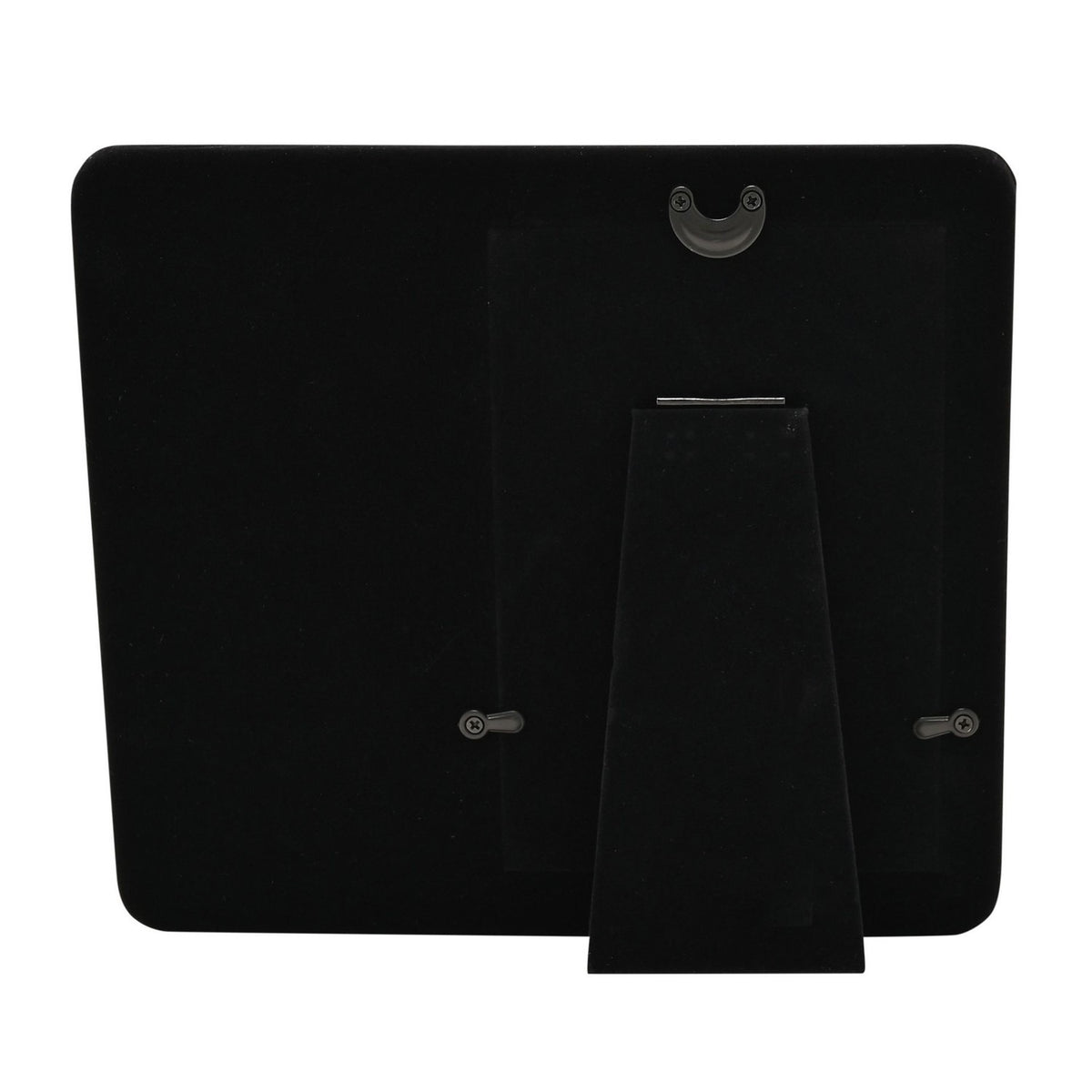 Back view of the On Your Engagement photo frame 6 x 4in, showing black backing with fold-out stand, hanging hook, and screw fixings on a white background.