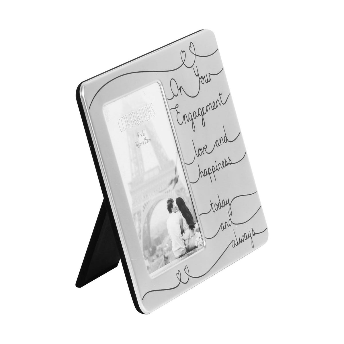Silver-plated rectangular 4x6in photo frame with On Your Engagement love and happiness today and always in black script, featuring looping thread and heart details, on a plain white background.
