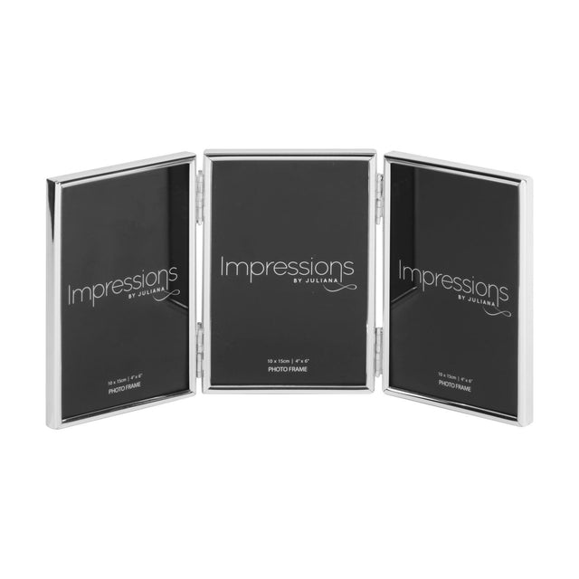 Triple fold photo frame with three hinged silver-finish panels, each holding a 6 x 4in portrait print without a mount, shown upright on a white background.