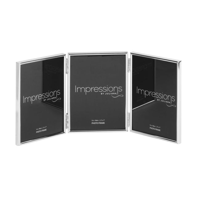 Thin triple folding photo frame in silverplated metal with three thin-edged rectangular openings for 7 x 5in portrait photos, shown open on a white background.