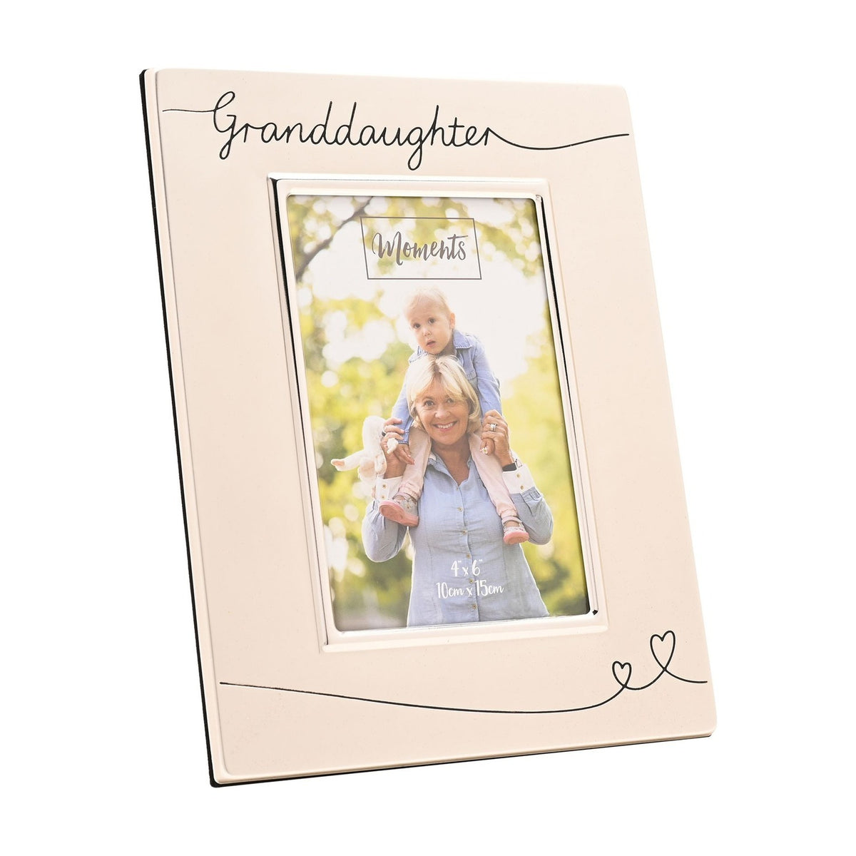 Rectangular silverplated "Granddaughter" photo frame in satin silver, with script lettering and heart-tipped line details, holding a 4x6in photo on a white background.