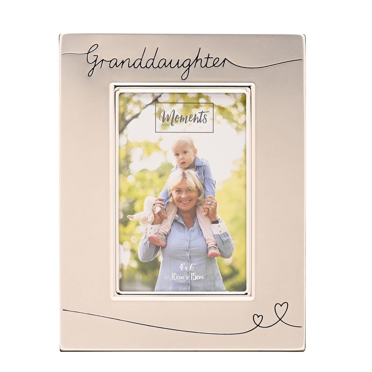 Rectangular silverplated metal photo frame with "Granddaughter" in black script across the top and two linked hearts at the base, holding a 6 x 4in photo.