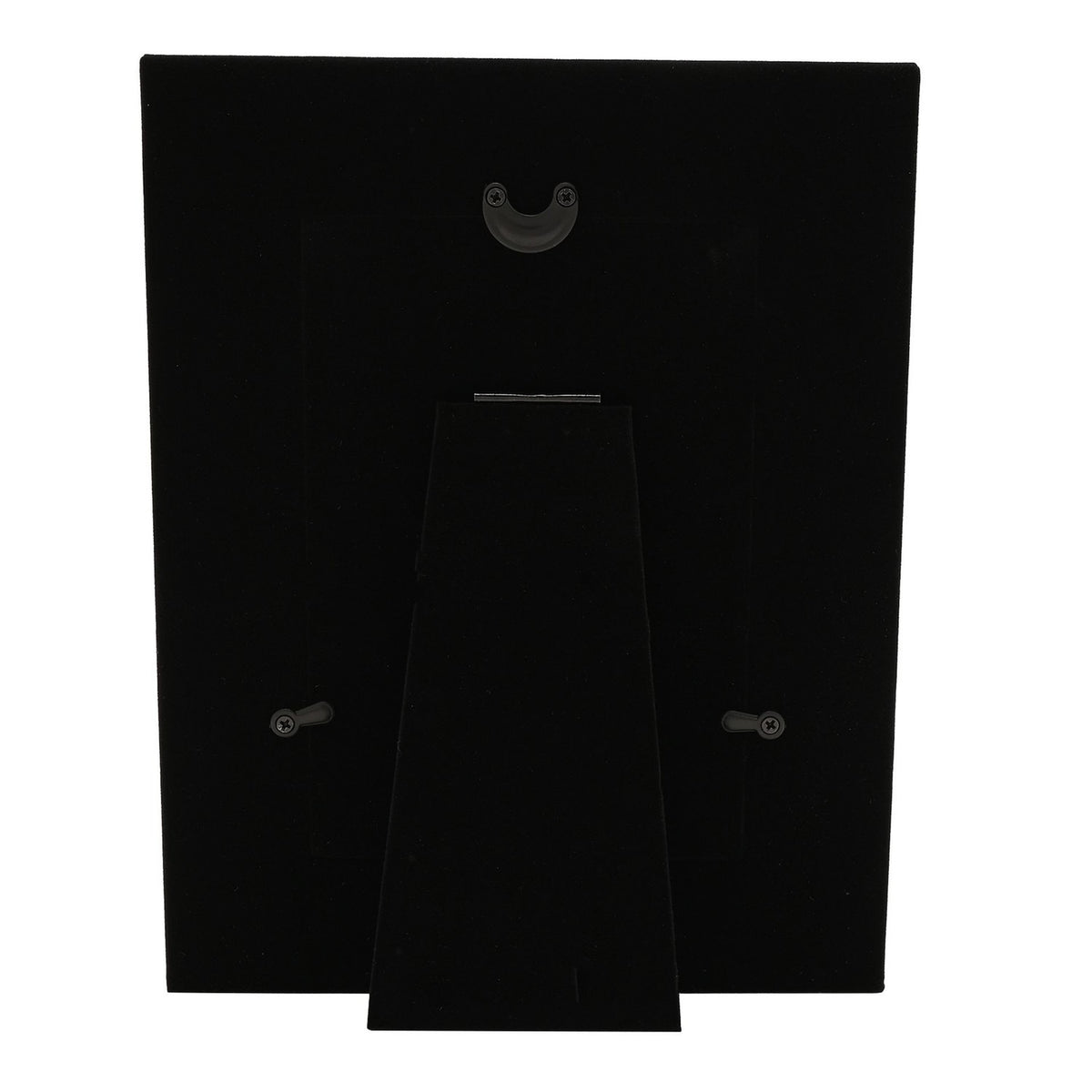 Rear view of the Granddaughter 2 Tone Silverplated Photo Frame 6 x 4in, showing a black velvet-covered back panel, hanging hook, screw fittings, and fold-out stand, on a plain white background.