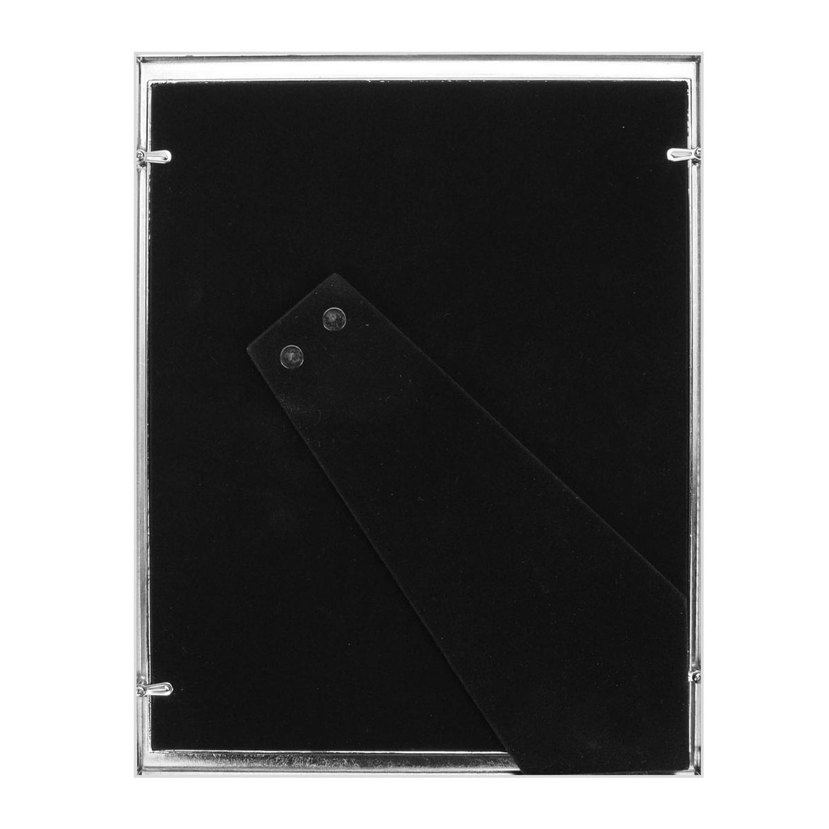 Rear view of the rectangular photo frame showing a black velvet backing with a fold-out strut for tabletop display, set within the slim silver-plated metal rim.