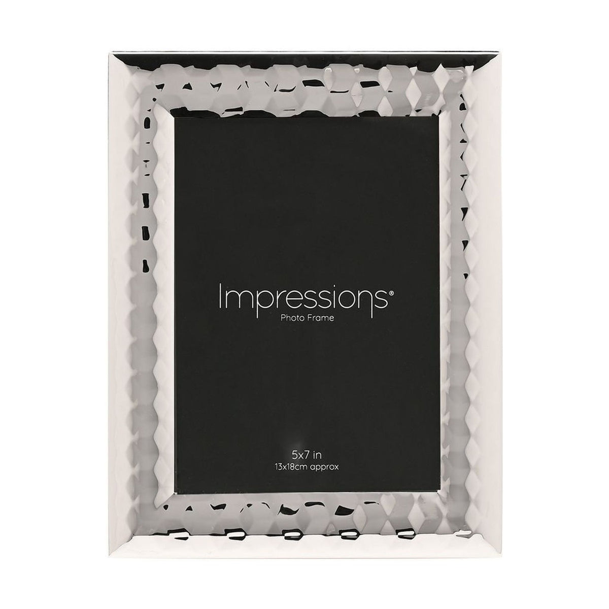 Rectangular silverplated metal photo frame with a faceted, patterned wide border, holding a 5 x 7in black sample insert on a plain white background.
