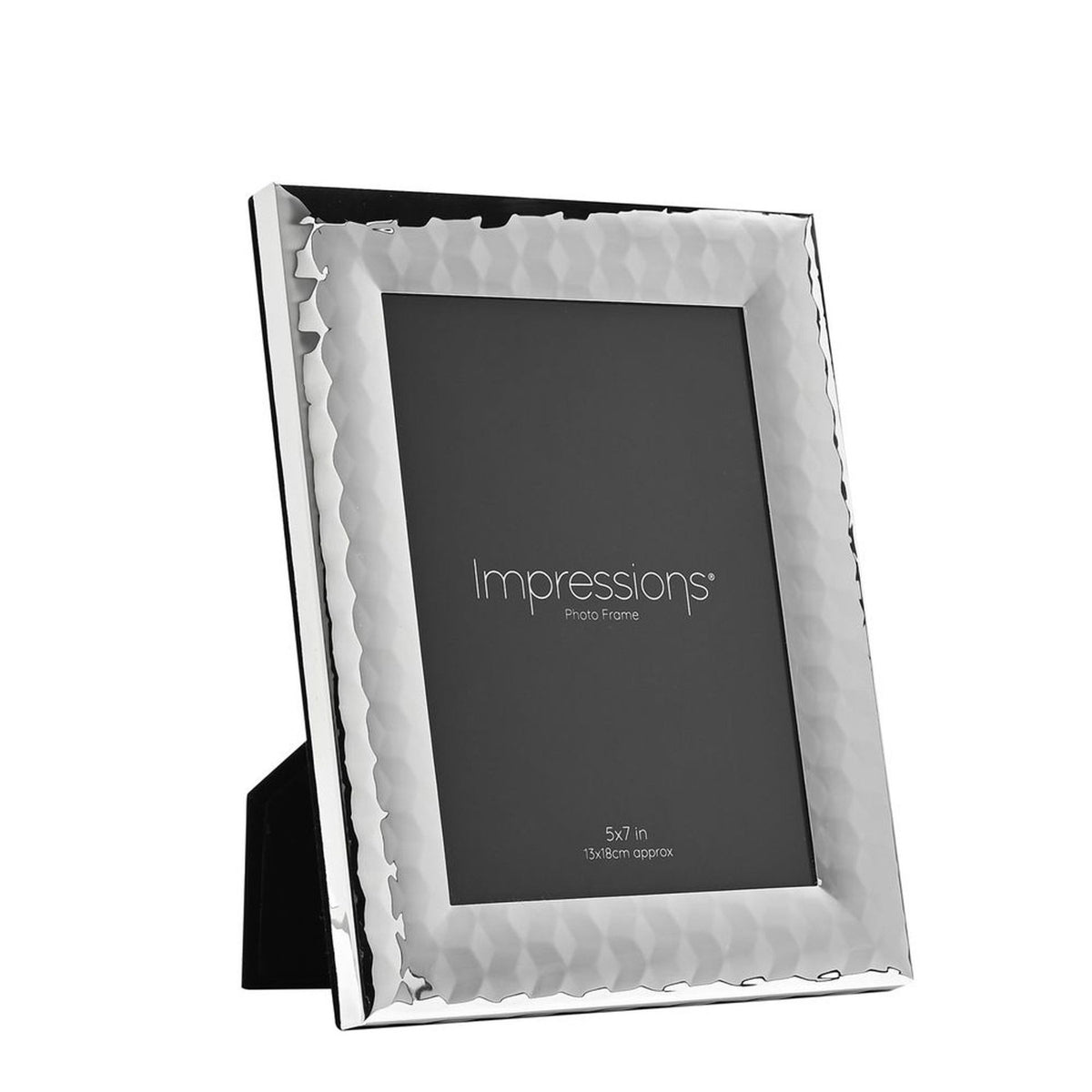 Patterned silverplated metal photo frame, 7x5in, rectangular with a faceted textured border and integrated stand, shown at an angle on a plain white background.