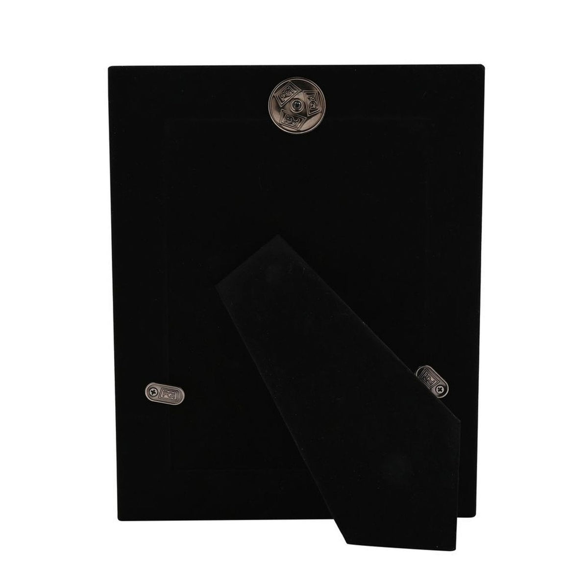 Rear view of the Patterned Silverplated Metal Photo Frame 7 x 5in, showing black velvet backing, hinged stand, and metal locking clips, on a plain white background.