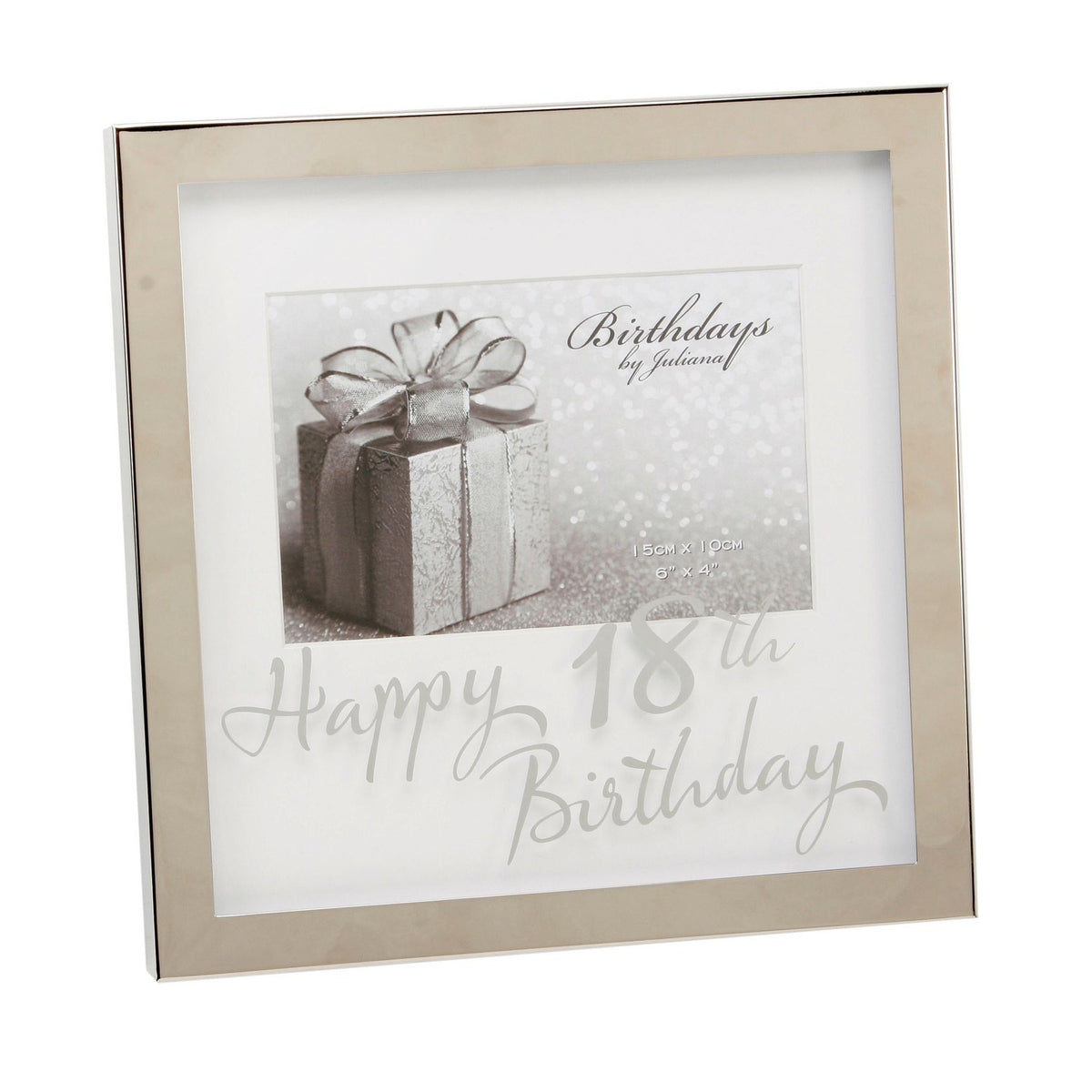 Square silverplated box photo frame for a 6 x 4in landscape photo, white mount with mirrored "Happy 18th Birthday" text across the lower front, shown on a white background.