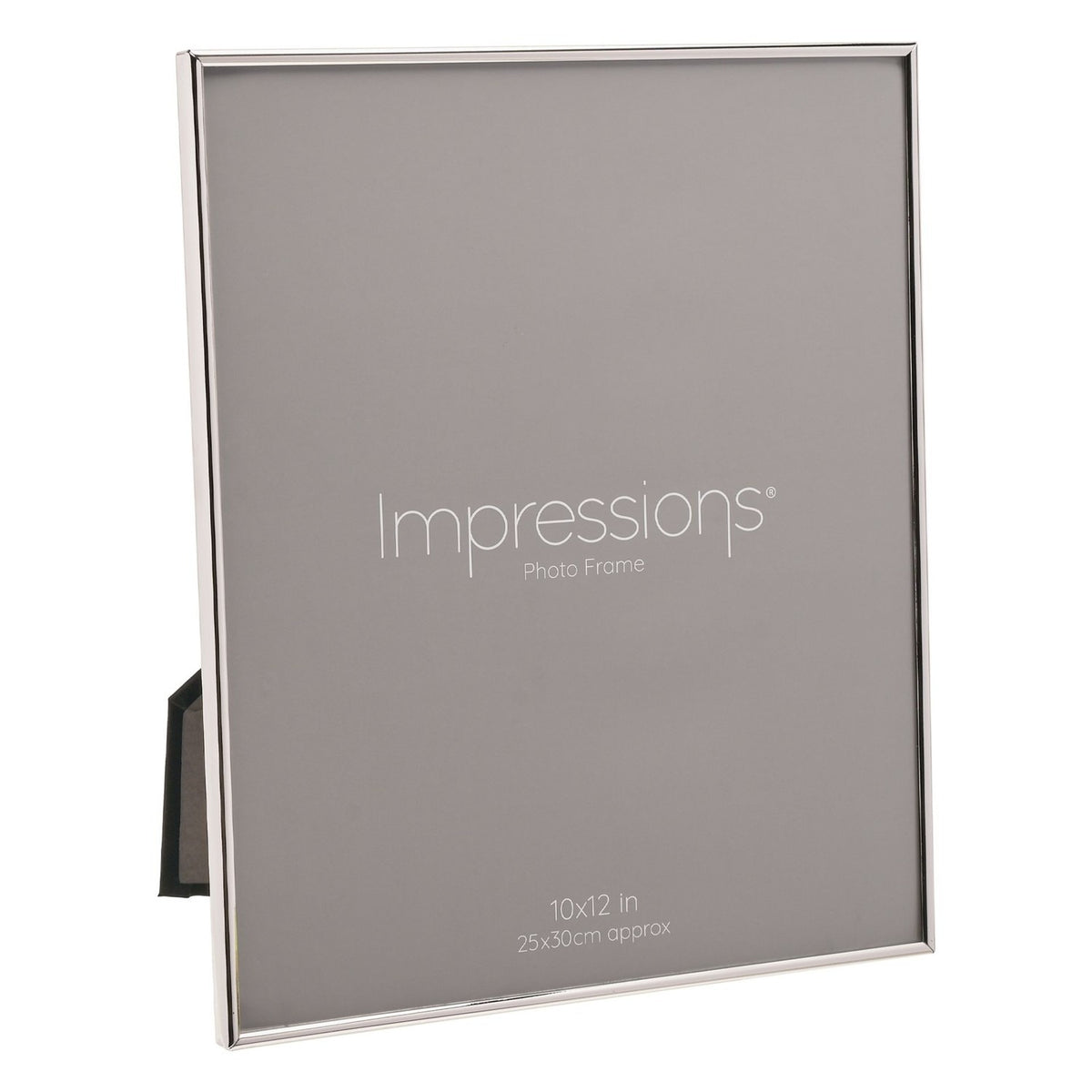 Thin edge rectangular photo frame in polished silverplated metal with slim borders, holding a 12 x 10in grey sample print, shown at an angle on a white background.