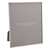 Thin edge rectangular photo frame in polished silverplated metal with slim borders, holding a 12 x 10in grey sample print, shown at an angle on a white background.