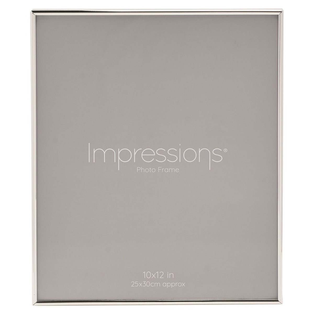 Thin Edge Silverplated Metal Photo Frame, rectangular with a slim polished silver border and clean mitred corners, holding a 10 x 12in photo on a plain white background.