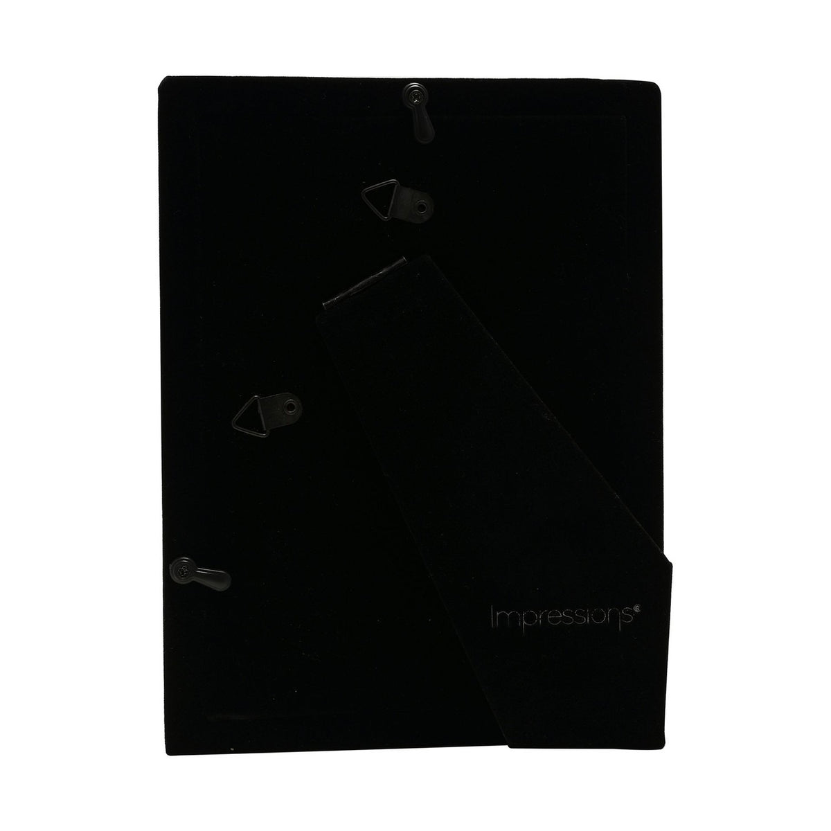 Back view of the Thin Edge Silverplated Metal Photo Frame 12 x 10in, showing a black velvet backing with an easel stand and three hanging hooks.