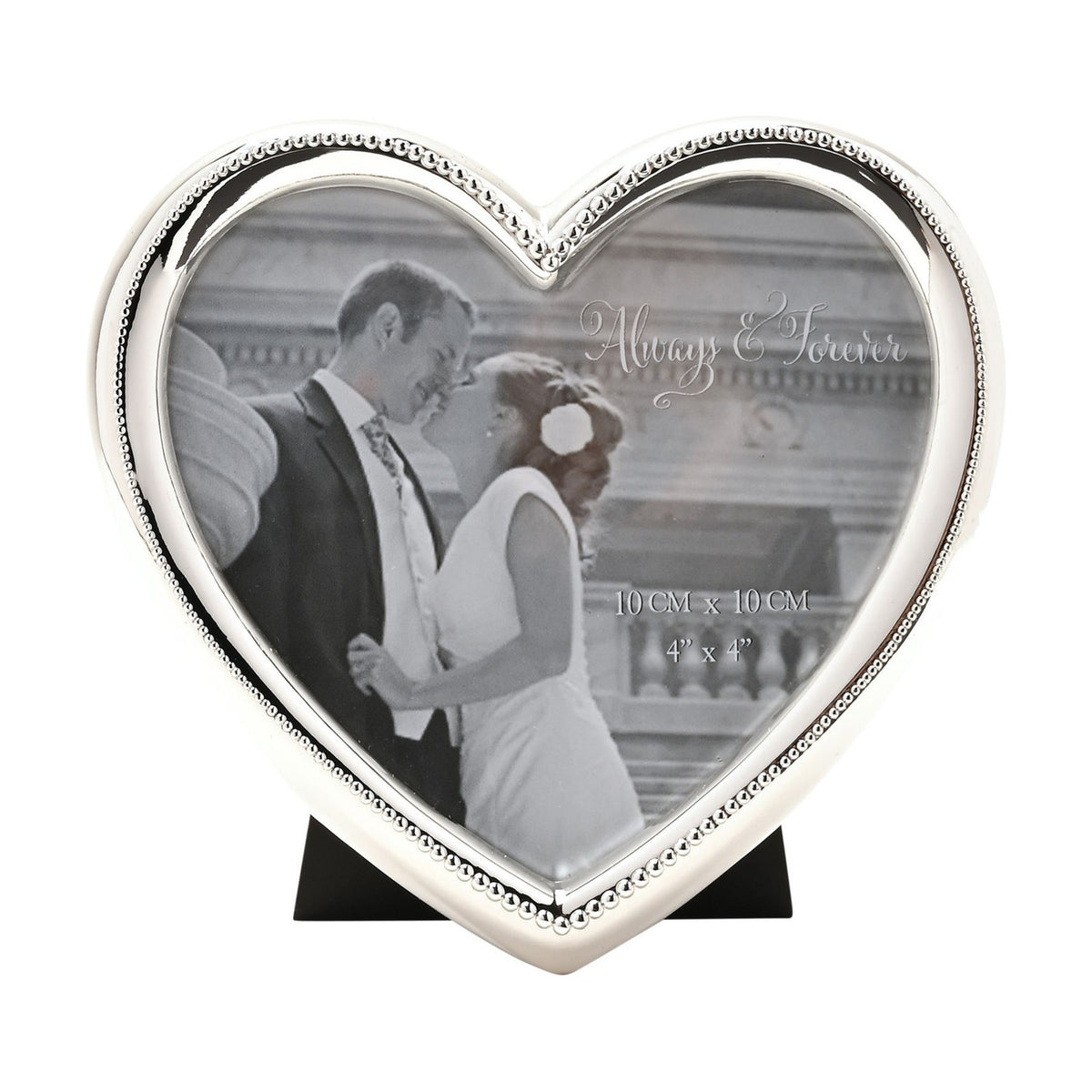 Heart-shaped silverplated alloy photo frame with beaded edge, holding a 4 x 4in square photo, standing on a black easel against a white background.