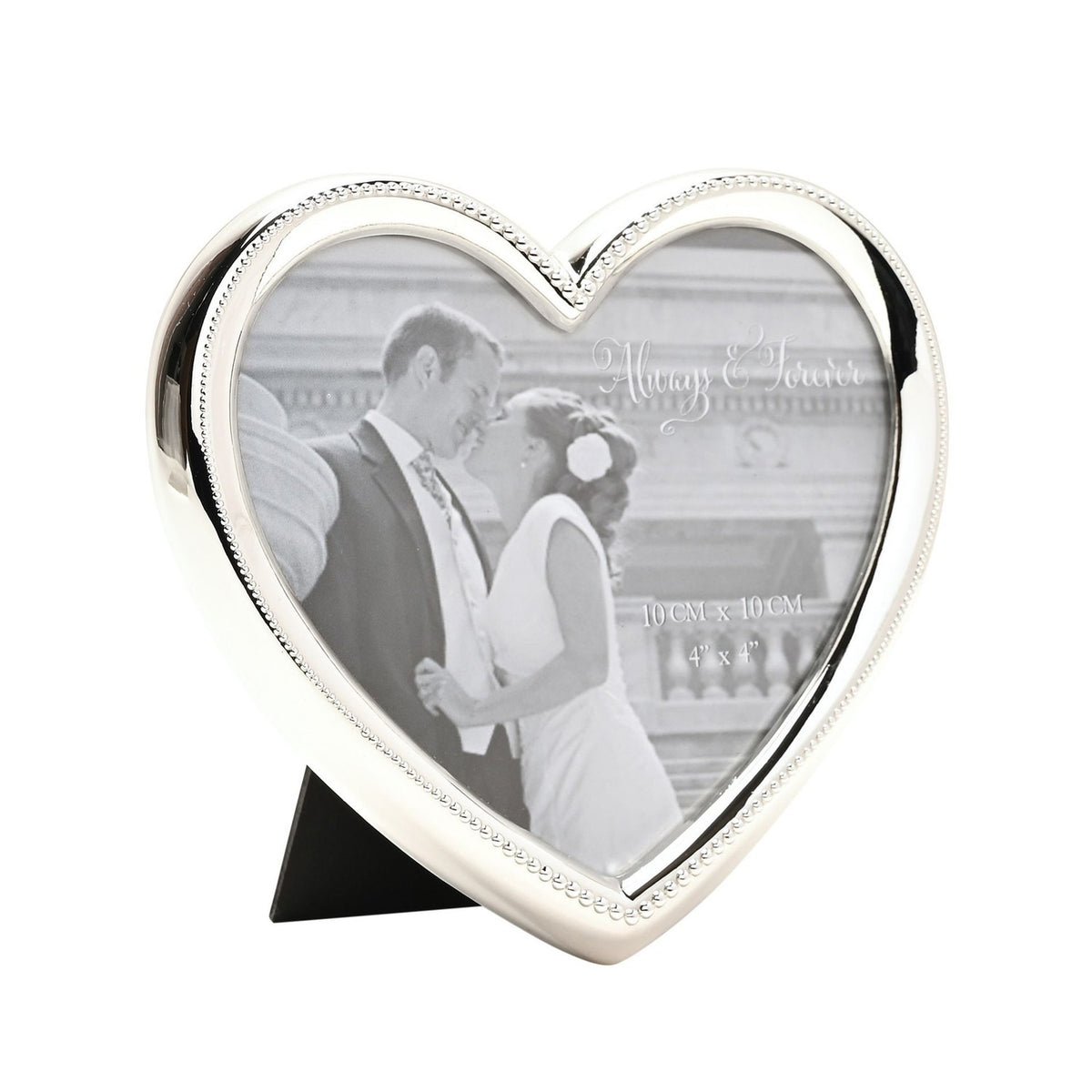 Heart-shaped silverplated photo frame with a beaded inner edge, holding a 4 x 4in wedding photo, with a black easel stand, on a plain white background.