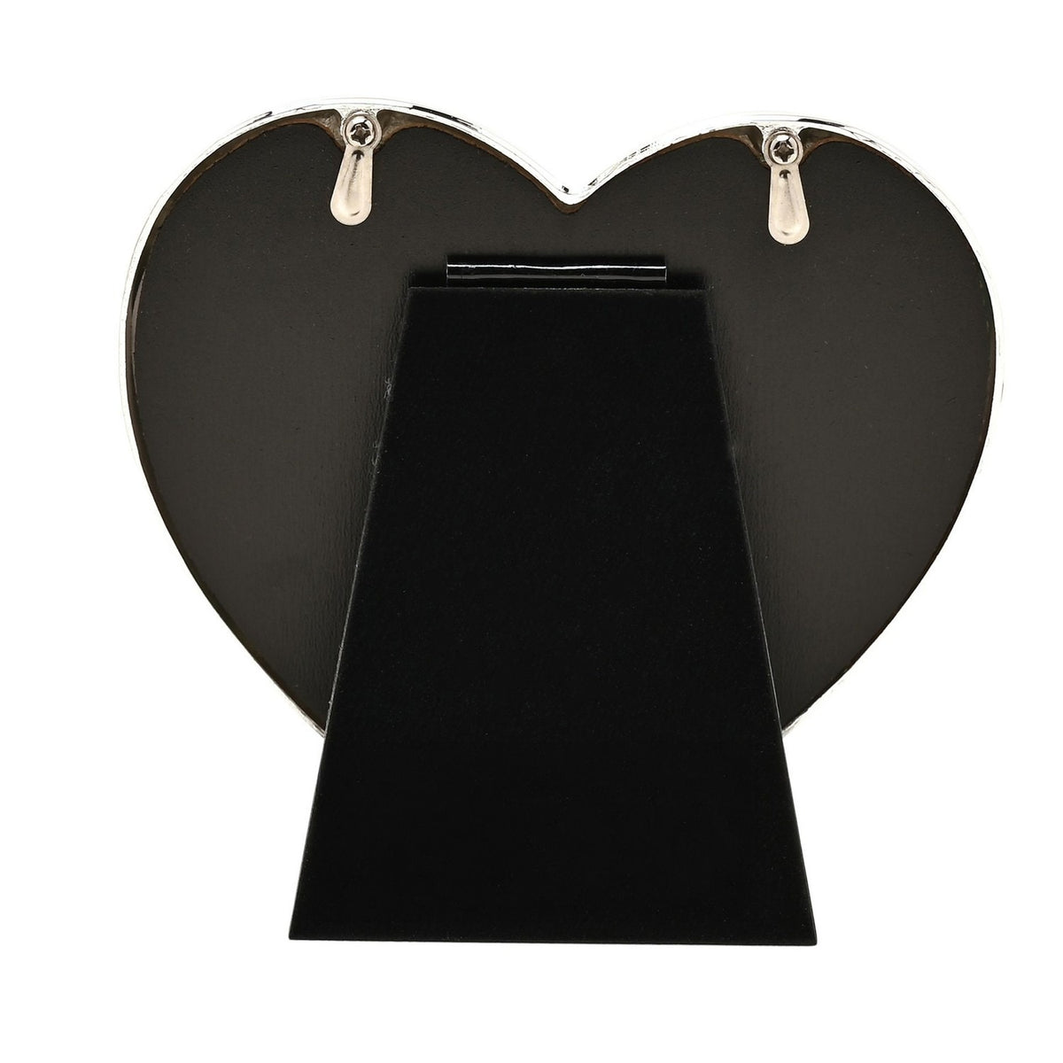 Rear view of the Heart Beaded Silverplated Alloy Photo Frame 4 x 4in, showing the black backing panel with hanging hooks and a fold-out stand, set against a plain white background.