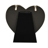 Rear view of the Heart Beaded Silverplated Alloy Photo Frame 4 x 4in, showing the black backing panel with hanging hooks and a fold-out stand, set against a plain white background.