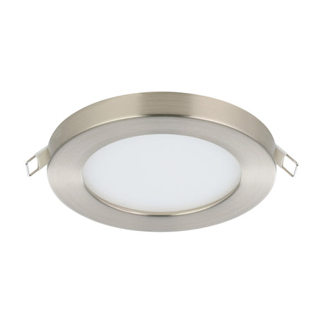 Fueva Flex LED downlight with a satin nickel rim and white plastic diffuser, integrated LED, cool white, shown on a plain white background.