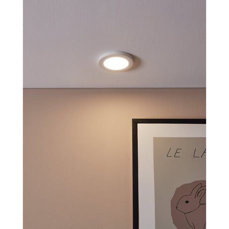 Fueva Flex LED downlight in white aluminium recessed into a ceiling, casting warm light onto a pink wall beside a framed rabbit print.