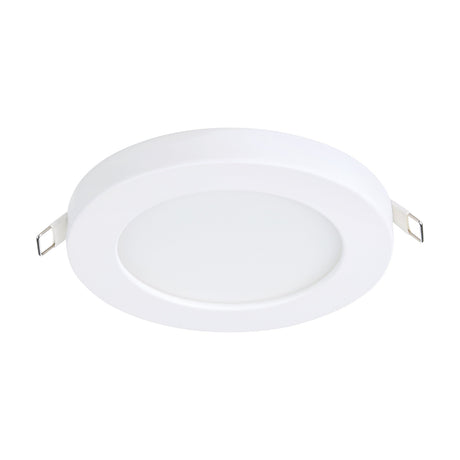 Fueva Flex round LED downlight in white aluminium with a white plastic diffuser and spring clips, shown on a plain white background, cool white, IP20.