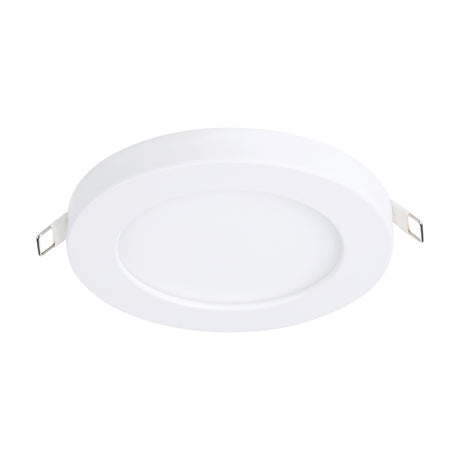 Fueva Flex round LED downlight in white, with aluminium body, white plastic diffuser, and metal spring clips, shown on a plain white background.