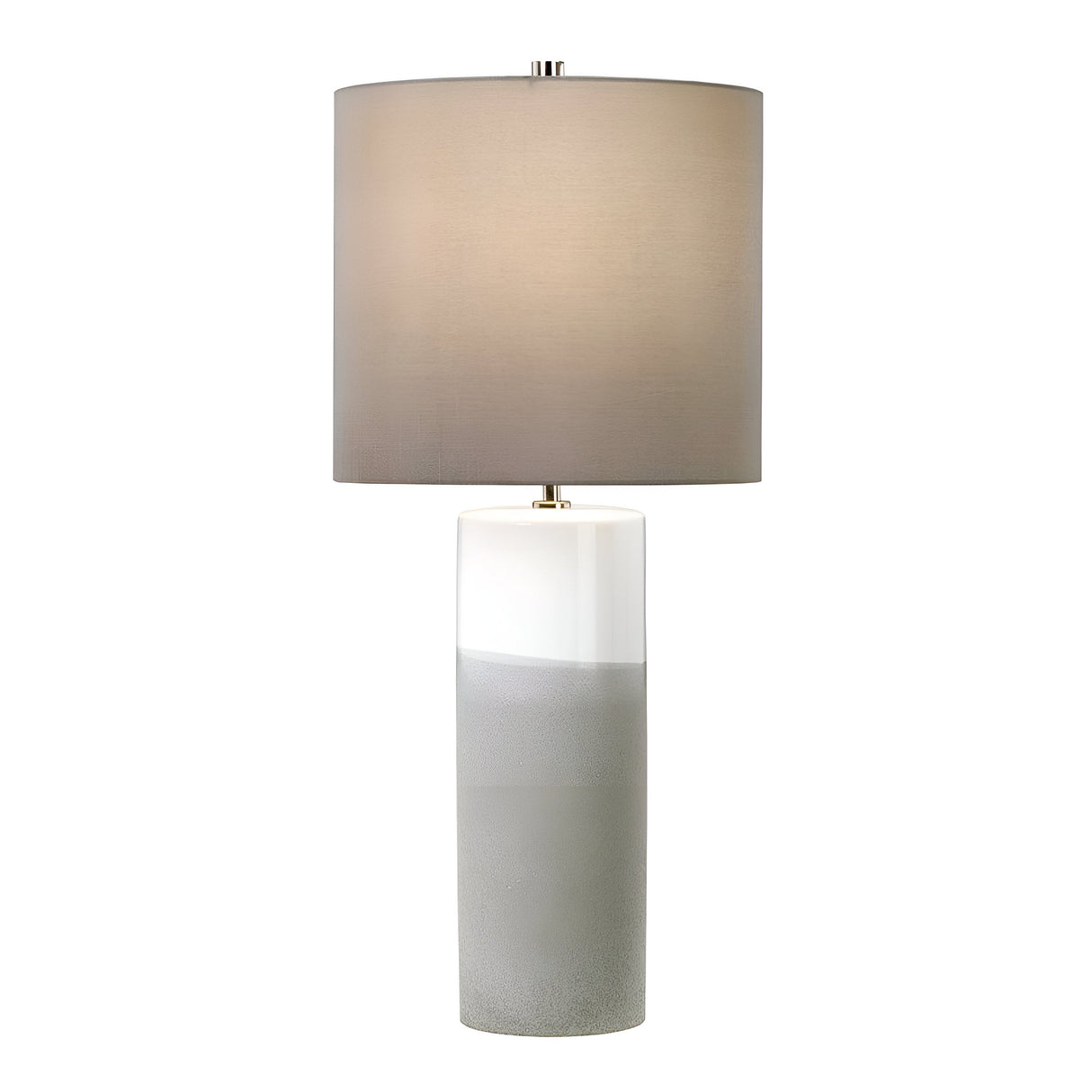 Introducing the Fulwell 1 Light Table Lamp, featuring a sleek cylindrical ceramic base with a sophisticated gradient pattern transitioning from light to dark gray. This contemporary lighting piece is elegantly finished with a wide, light gray fabric shade, making it the perfect chic addition to any room.