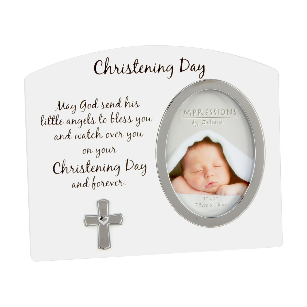 White arched Christening Day photo frame with oval 3x4in silver photo opening, printed blessing verse, and a small silver cross with heart detail below.