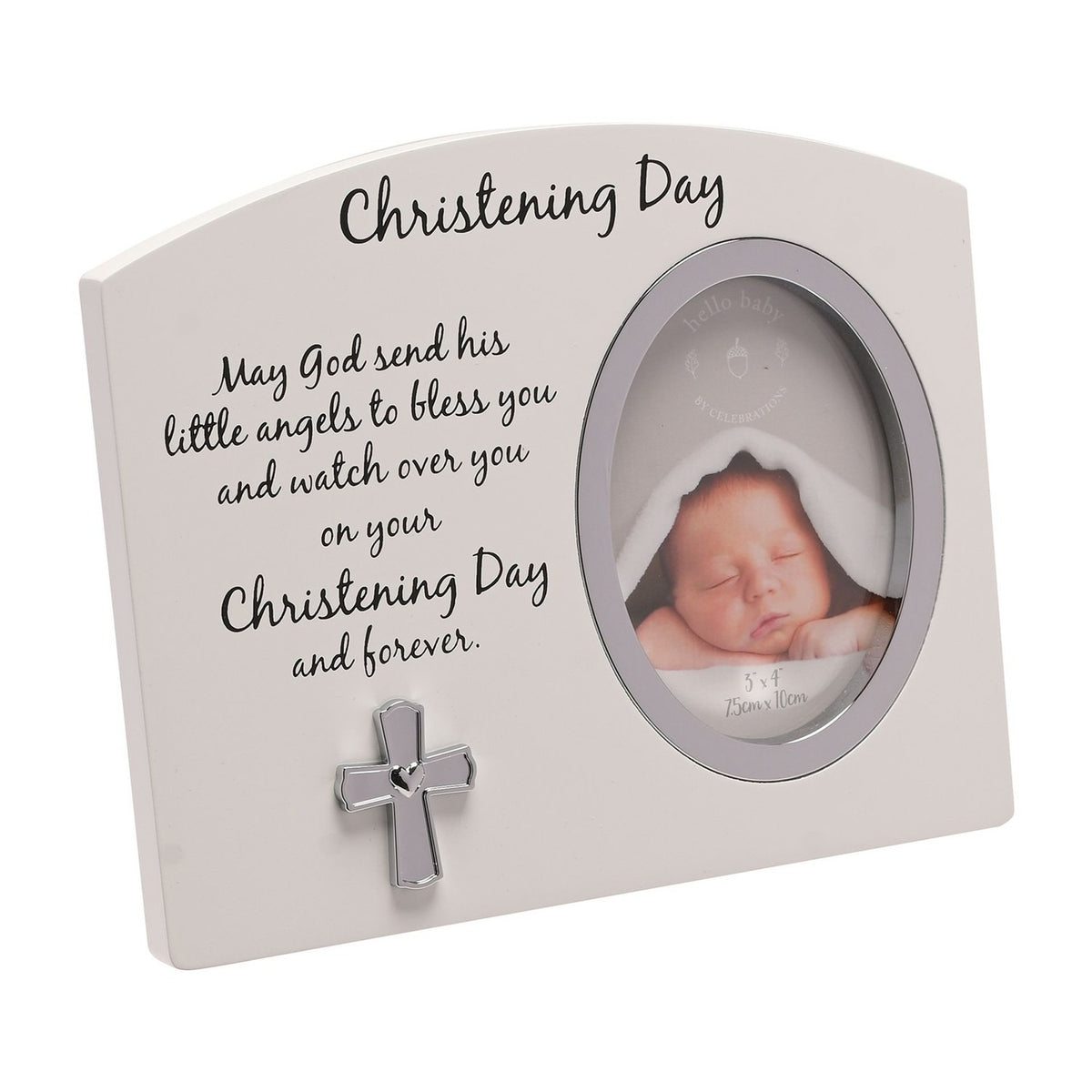 White arched Christening Day photo frame with oval photo opening, printed blessing verse, and a small silver cross with heart detail, shown on a plain background.