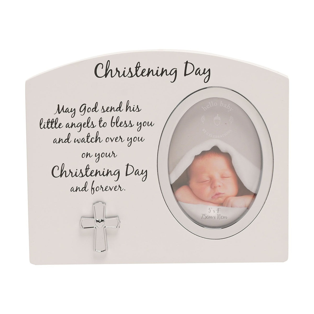 White arched Christening Day photo frame with oval baby photo opening, printed blessing verse, and a small silver cross below the text.