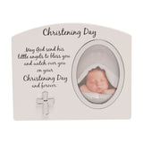 White arched Christening Day photo frame with oval baby photo opening, printed blessing verse, and a small silver cross below the text.