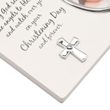 Close-up of a white Christening Day photo frame with engraved verse and a silver cross with a heart detail in the corner, 4 x 3in.