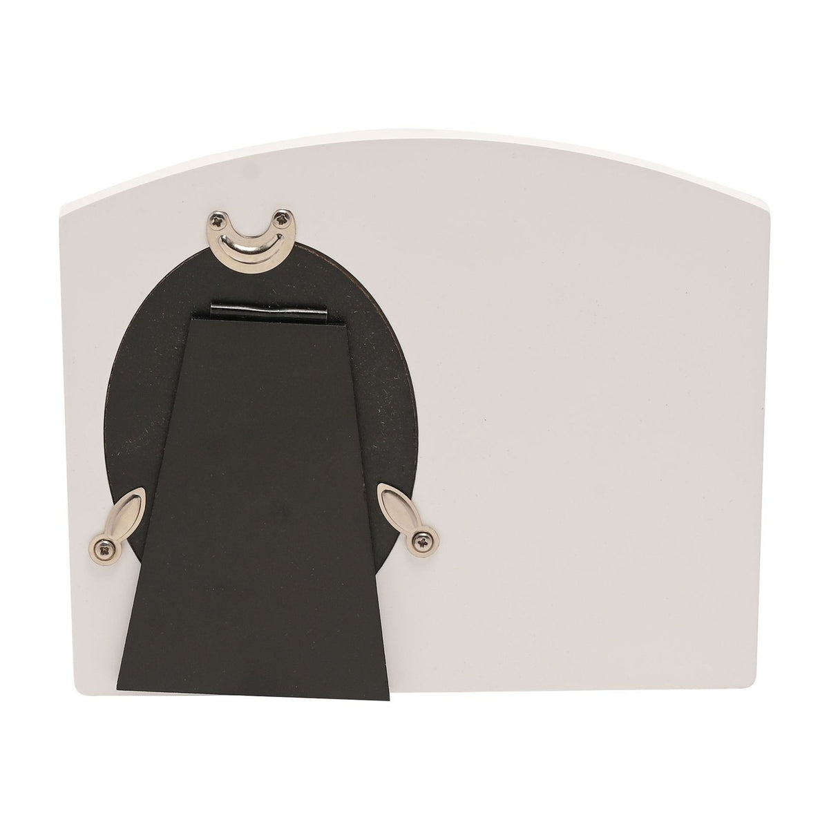 Rear view of the Christening Day Photo Frame 4 x 3in in white with an arched top, showing a black oval easel stand with chrome hinges on a plain background.
