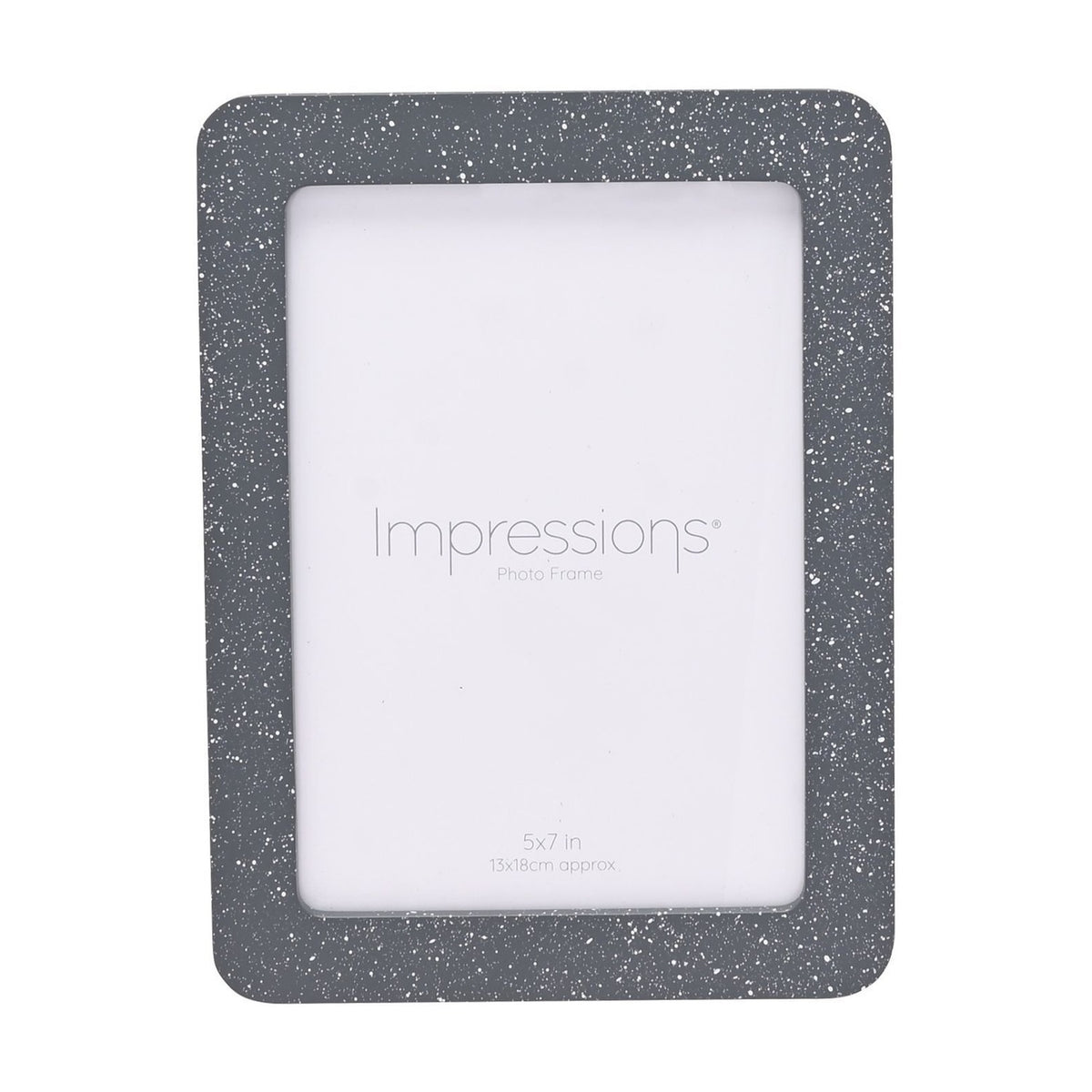 Speckled rounded wooden photo frame in grey with white flecks, holding a 7 x 5in print, shown on a plain white background.