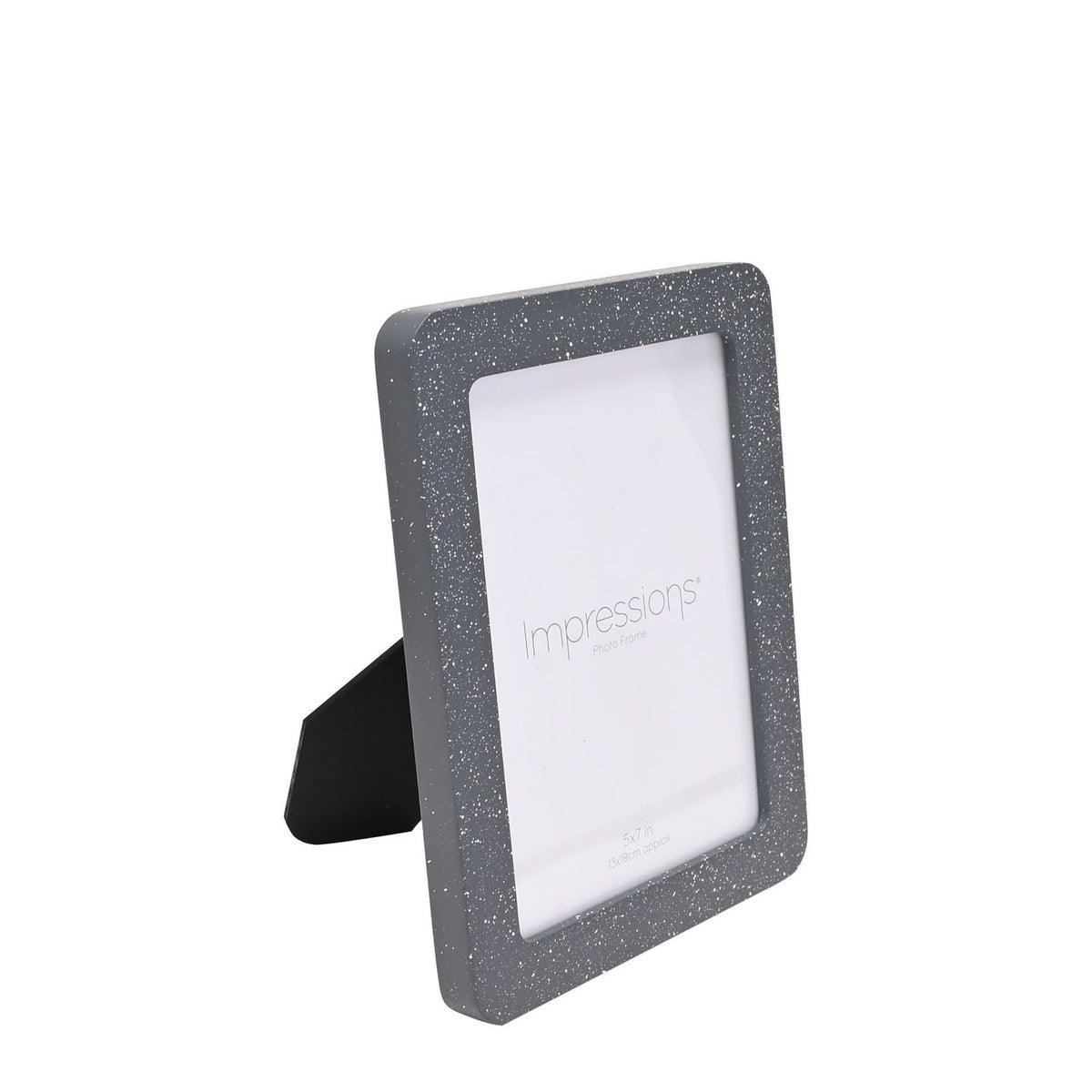 Speckled rounded wooden photo frame in grey with fine white flecks, rectangular with rounded corners, holding a 7 x 5in print, shown at an angle on a plain white background.