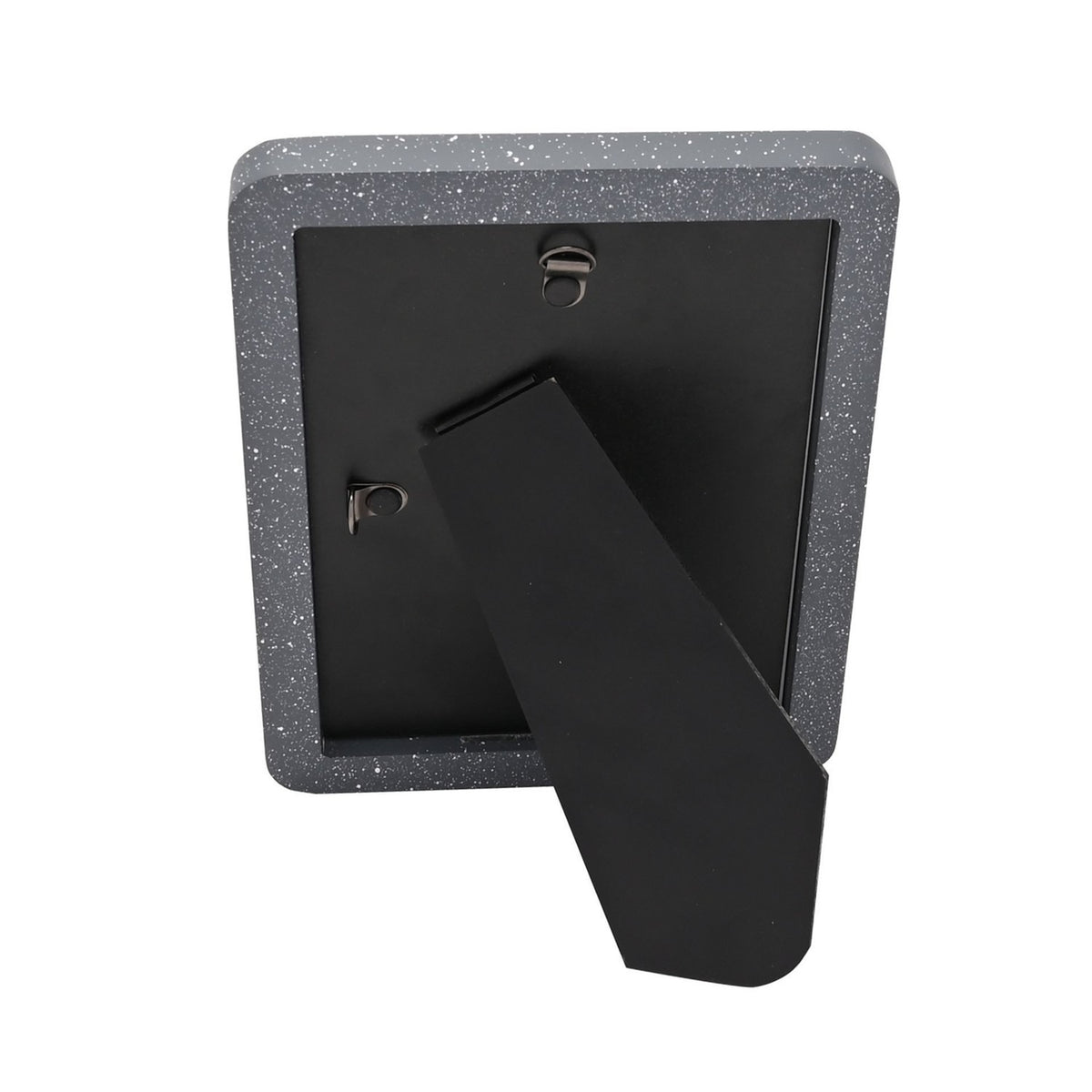 Rear view of the Speckled Rounded Wooden Photo Frame 7 x 5in in grey and white, showing a black back panel, fold-out stand, and hanging hook on a white background.