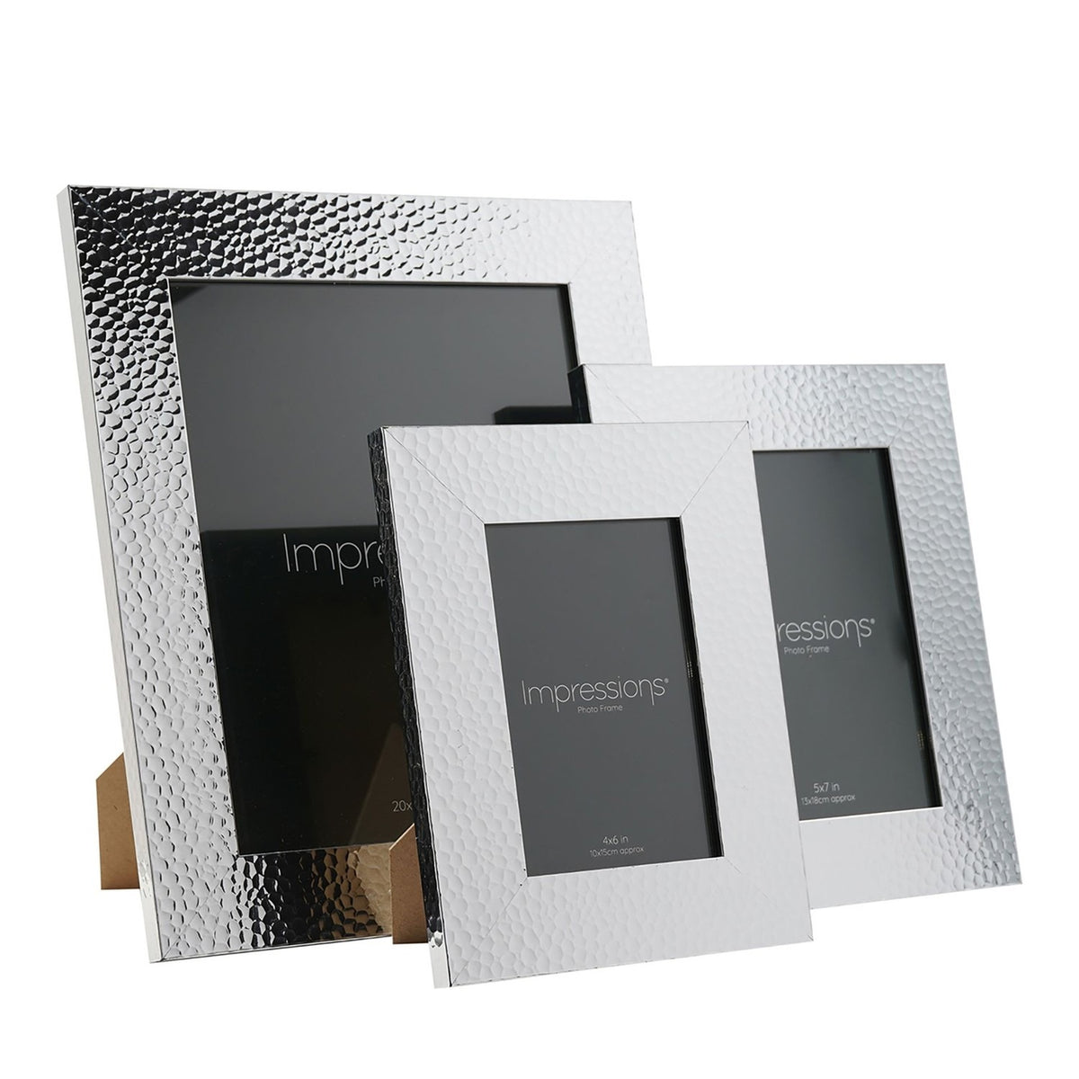 Three rectangular hammered-effect silver photo frames in varying sizes, mitred plastic surrounds with a beaten-silverware finish, shown against a plain white background.