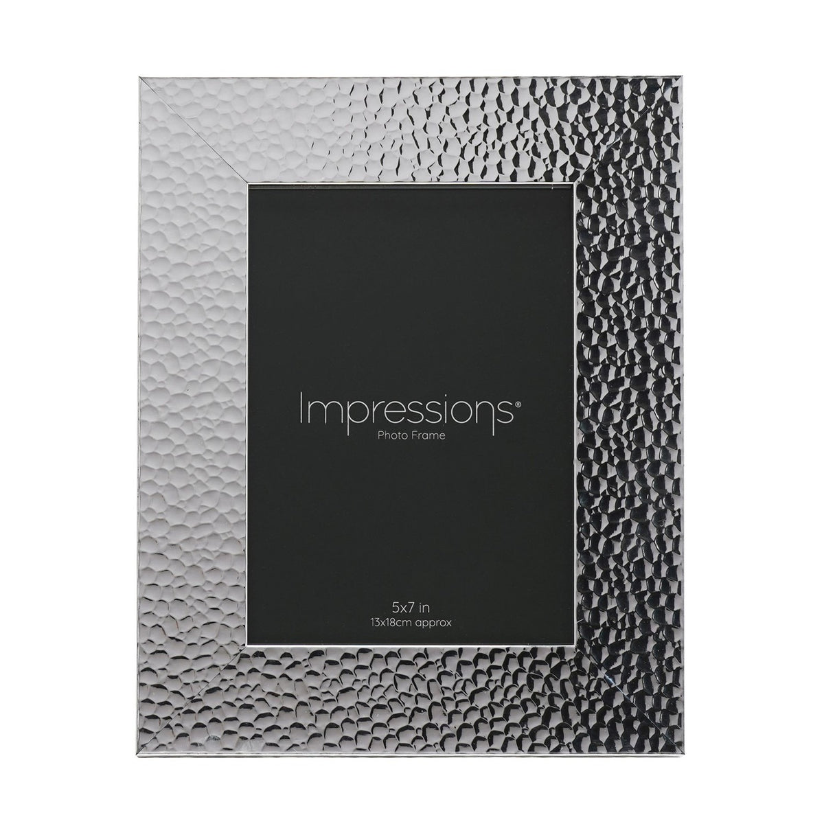 Rectangular hammered-effect photo frame in silver plastic with a mitred border, holding a 5x7 in insert card, shown on a white background.