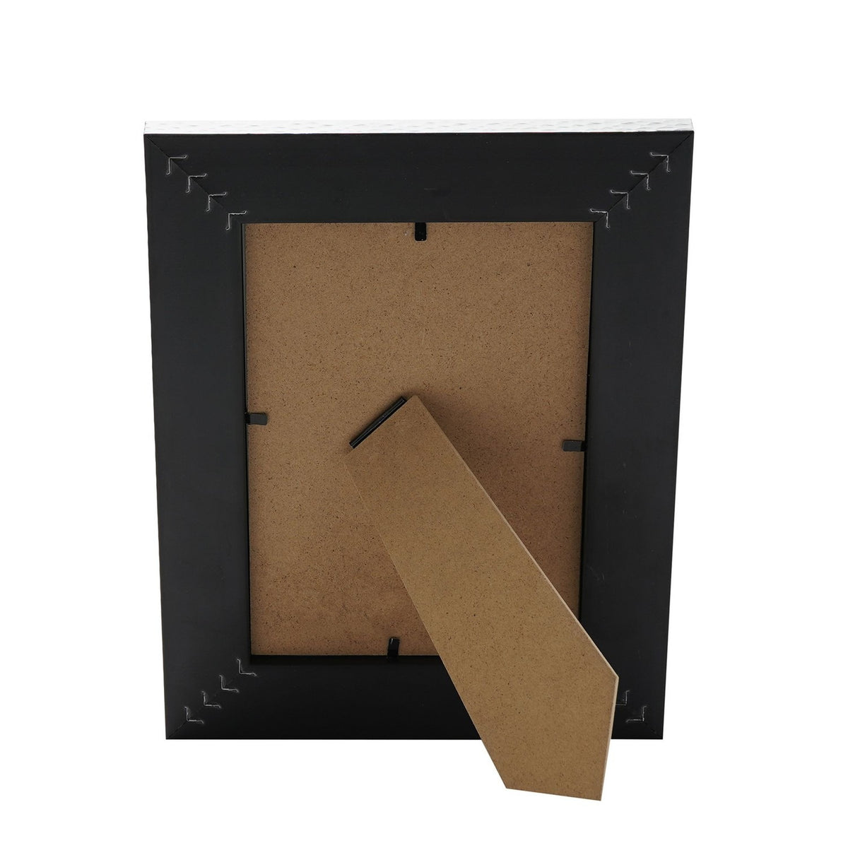 Rear view of the Rectangular Hammered Effect Plastic Photo Frame in silver, showing the black backing board, easel stand, and metal clips on a plain white background.