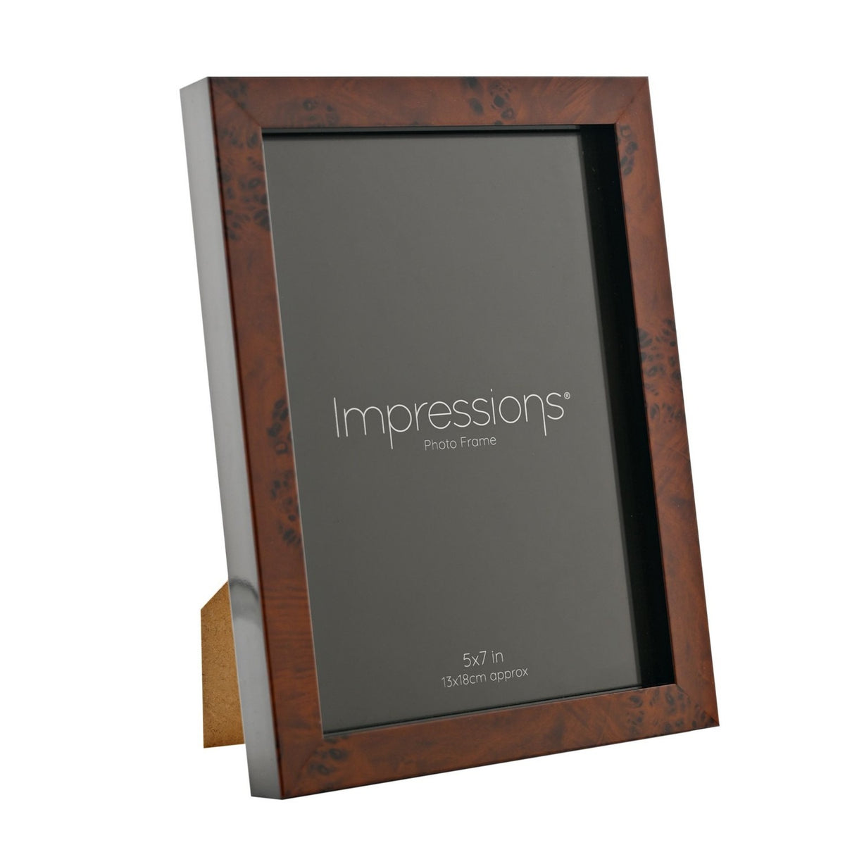 Rectangular photo frame with dark brown burr effect plastic finish, holding a 5x7 in insert, shown at an angle against a plain white background.