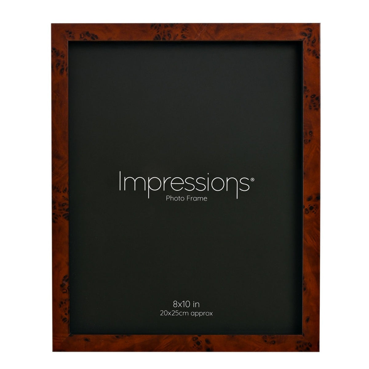 Rectangular photo frame with dark brown burr effect plastic finish, holding an 8x10in black insert, shown on a plain white background.