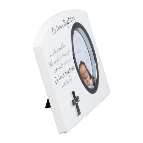 Baptism Photo Frame with Silver Cross Icon 4 x 3in - White